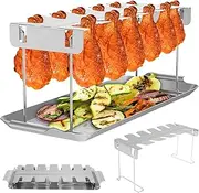 Chicken Leg Rack for Grill, 12 Slots Stainless Steel Chicken Wing Rack with Drip Tray Folding Chicken Drumstick Rack Portable Chicken Leg and Wing Rack Easy to Use for Outdoor BBQ Picnic