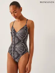 Monsoon Black Macie Shell Print Swimsuit (H72381) | $150