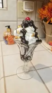 ❤ Faux (Fake) Hot Fudge Sundae In Glass With Fudge, Whip Cream, Nuts, and Cherry