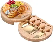 AwObEpl Wood Cheese Board Practical Charcuterie Board with Cheese Cutter and Fork Smooth Cheese Plate Board Round Cheese Serving Tray for Home (Gold)