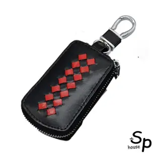 【Sp house】創意編織紋全真牛皮車用鑰匙圈透明零錢包(黑色)