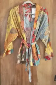 NWT Zara Women's Autumn Yellow Blue Floral Tie Front Tunic Blouse Gown Size M-L