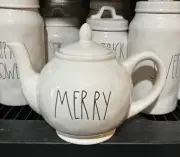 Rae Dunn Merry Coffee Tea Pot Teapot Lid White Ceramic Artisan Holiday