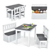 Costway 4pcs Table Chairs Storage Box Rectangle Playing Desk Bench Set Wooden Furniture Drawing Study Grey