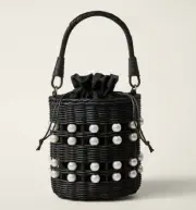 Kate Spade X Target Pearl Embellished Black Bucket Drawstring Woven Bag Purse