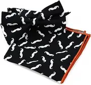 [Zasel] Mens Black With White Moustache Cotton Bow Tie & Pocket Square Set Black, White, Orange