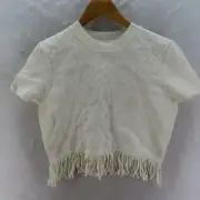SEED HERITAGE Womens Sz L Cream Short Sleeve Cropped Embroidered Top Fringe Hem