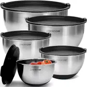 Thick Metal Nesting Bowls with BPA-Free Lids - Classic Black, 5 Sizes Included