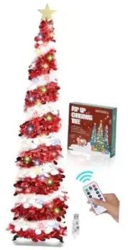 6 FT Pop Up Christmas Tree With Timer Colored Lights, Dual Colored Red White