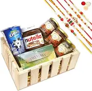 Jaiccha Ghasitaram Rakhi Gifts for Brothers Natural Wood Striped Basket of 6 Goodies with 5 Rakhis