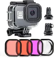 SOONSUN Waterproof Housing Case for GoPro Hero 8 Black with 4-Pack Diving Filter - 60M Underwater Diving Housing Built-in Dual Cold Shoe Slots with Red, Light Red, Magenta and 5X Macro Filter