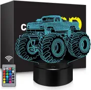 Monster Trucks Night Light for Boys, 3D LED Optical Illusion Lamp with Remote Co