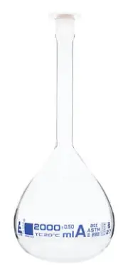 2000mL Volumetric Flask with Polypropylene Stopper, ASTM, Class A - Borosilicate