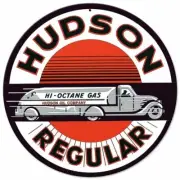 HUDSON REGULAR HI OCTANE GAS TRUCK 14" ROUND HEAVY DUTY USA MADE METAL ADV SIGN