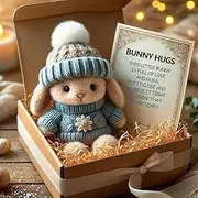 Mini Bunny Hug Cute Easter, Plush Pocket Hug Rabbit, Easter Plush Bunny with Knitted Hat and Pom Pom, Crochet Mini Rabbit Hugs with Inspirational Card (#C)