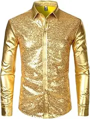 [Generic] Red Sequin Metallic Patchwork Shirt Men Disco Nightclub Sparkle Shirt Halloween Party Stage Prom Costume