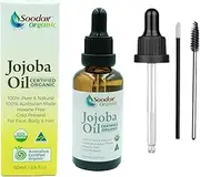 Soodox Certified Organic Jojoba Oil 50ml | Glass Amber Bottle | Brushes Included | Cold Pressed & Hexane Free | Natural Moisturiser For Face, Body, Hair | 100% Australian Made