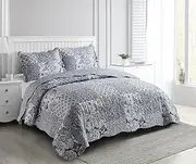 Brilliant Sunshine Grey Flowers Patchwork, 3-Piece Quilt Set with 2 Shams, Reversible Bedspread, Soft Lightweight Coverlet, All-Season, Full/Queen, Grey