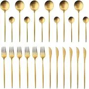 Esforzarse Flatware Set,24 Piece Gold Stainless Steel Cutlery Set, Modern Simplicity Handle Piece Steel Flatware Cutlery Set, Include Dinner Knife,Fork,Spoon for Home Hotel, Dishwasher Safe(Golden)