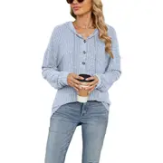 Women's Drawstring Hoodie Button-up Top - Light Blue