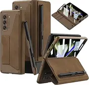 [DEMCERT] for Samsung Galaxy Z Fold 5 Case with [Fold5 Edition S-Pen Slot], Military Armor Cases Full Body Protective Anti-Scratch Hard Slim Leather Bracket Case with Screen Protector (Brown)