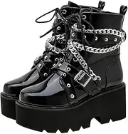 [Parisuit] Womens Goth Patent Ankle Boots Platform Chunky High Heel Lace Up Combat Boots Punk Short Booties