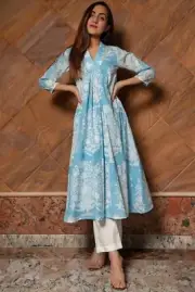 Women Indian A-line Suit; Light Blue Floral Printed Cotton A-line Kurta Pant Set