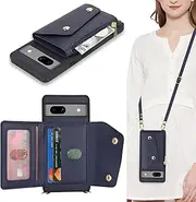 [Lipvina] for Google Pixel 7A Case with Card Holder and Strap - Zipper Pocket,Crossbody Lanyard Strap,Credit Card Holder,Cute Phone Wallet Case for Women(Dark Blue)