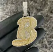 3Ct Round Cut Moissanite Custom "B" Number Men's Pendant 14K Yellow Gold Plated