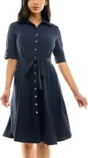 NWT SHARAGANO Button Front Pleated Shirt Casual Dress Women's Size 14 Deep Navy