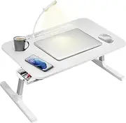 Laptop Desk for Bed, Laptop Bed Tray Desk with LED Desk Light, with Cup Holder/Storage Drawer/USB Port, Foldable Laptop Bed Table for Writing, Working, Study (White)