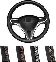 GERRIT Black Leather Steering Wheel Cover Hand-Stitched Car Steering Wheel Protective Cover with Needlework, for Honda Fit 2009-2013 City 2009-2013 Jazz 2009-2013 Insight 2010-2014