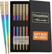 Albino Monkey Reusable Chopsticks - Extra Long 9" - 5 Pairs per Pack - Made of Food-Safe Stainless Steel - Holographic Design - Asian Dining Utensils for Home Kitchen & Restaurants - Nice Giftable Box