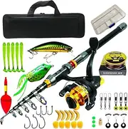 KAPEICamper Fishing Rod kit, Carbon Fiber Reel Combo Pole and Telescopic Fishing with Line Lures Tackle Hooks Reel Carrier Bag for Adults Saltwater Freshwater Travel