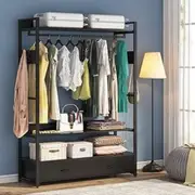 Freestanding Clothes Rack Shelves, Closet Organizer with Shelves Drawers and Hooks