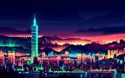 Landscape city drawing art taipei 101 architecture neon Custom Gaming Mat Desk