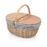 - Country Vintage Picnic Basket with Lid - Wicker Navy Blue & White Stripe