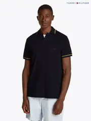 Tommy Hilfiger Blue Open Collar Tipped Short Sleeve 100% Cotton Polo Shirt (F55147) | $196