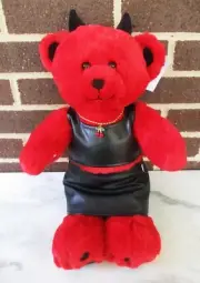 Build A Bear Red Devil Bear 16"-Black Leather Top + Skirt--Fruit Charms Necklace