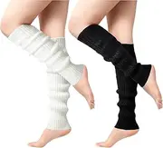 [L0famy] 2 Pairs Leg Warmers for Women, Winter Long Knit Leg Warmers, Japanese Style Warm Long Boot Socks for 80s Party Dance Yoga Ballet Ice Skating Accessories, Black + White, One Size
