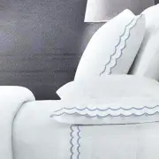 4pc J Joie KING Sheet Set Luxurious Blue Mist Scalloped Embroidered Trim Edge