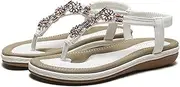 [XUEMML] Women's Sparkle-Circular Rhinestone Slingback Thong Flip-Flop Summer Beach Flat Dress Sandals Comfortable Gladiator Bohemia Flat Sandals Shoes (Color : White, Size : EU35)