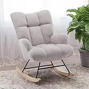 SAETSFEG Rocking Chair Nursery Teddy, Upholstered Baby Fluffy Glider Rocker for Adults Small Spaces Indoor, Comfy Sherpa Compact Nursing Chairs for Living Room, Bedroom, Classroom, Grey