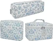 [Iouyjiu] Quilted Toiletry Set, Makeup Pouch Set, Travel Skincare Pouch, Blue Floral Print, Cosmetic Bag Set, Cotton Makeup Bag, Cute Blue Floral Makeup Pouch Set For Women Including Brushes And Shampoo,
