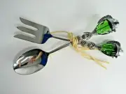 Salad Pasta Serving Set Green Glass Fish Sculpted Spoon And Fork