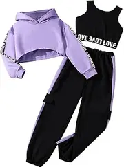 [Hilinker] Girls Graphic 3 Piece Outfits Workout Hoodie Crop Tank and Sweatpants Set