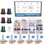 Glarks 50Pcs 5K-100K Ohm Knurled Shaft Linear Rotary Taper Potentiometer with 5 Color Knob Set (55Pcs Potentiometer Set)
