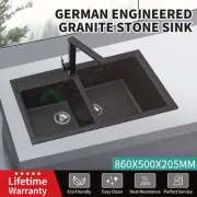 German Engineered Black Granite Quartz Stone Kitchen Sink Double Bowls Topmount