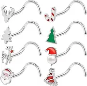 [ZS] 8Pcs Santa Claus Corkscrew Nose Rings Studs, 20G Stainless Steel Corkscrew Nose Stud, Christmas Trees Nose Screw Bone Nose Piercing L-shaped Nose Jewelry for Women Men, Stainless Steel, No Gemstone