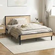 [OIKITURE] King Single Bed Base with Rattan Headboard and Steel Slat King Single Bed Frame Mattress Platform Black